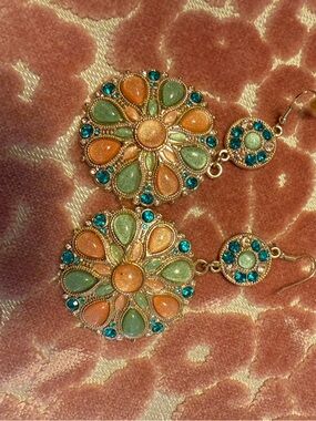 Gold-tone Floral Drop Earrings with Teal, Peach & Mint Accents